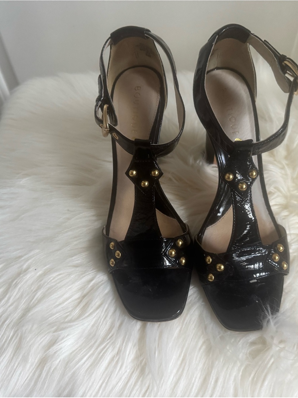 Boutique 9 Black Patent T-Strap Studded Heels